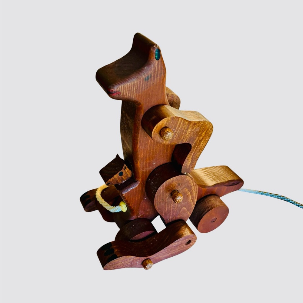 Wooden Kangaroo Pull Toy Primitive Handmade 9”